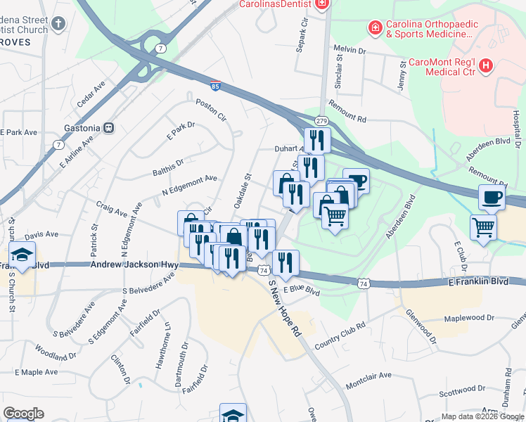 map of restaurants, bars, coffee shops, grocery stores, and more near 1501 McCormick Avenue in Gastonia