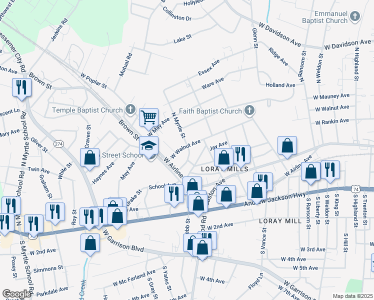 map of restaurants, bars, coffee shops, grocery stores, and more near 1501 West Walnut Avenue in Gastonia