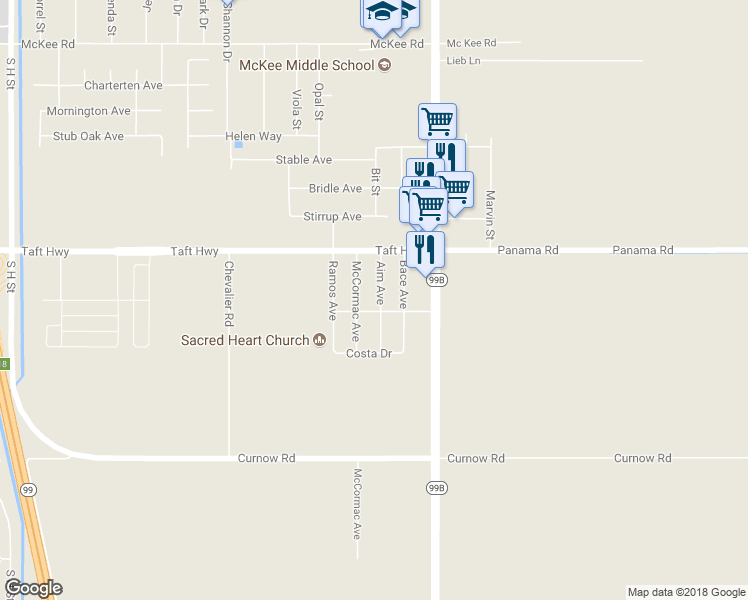 map of restaurants, bars, coffee shops, grocery stores, and more near 9827 Aim Avenue in Bakersfield