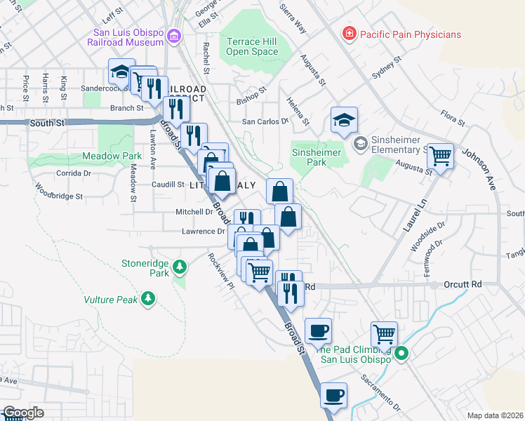 map of restaurants, bars, coffee shops, grocery stores, and more near 864 Lawrence Drive in San Luis Obispo