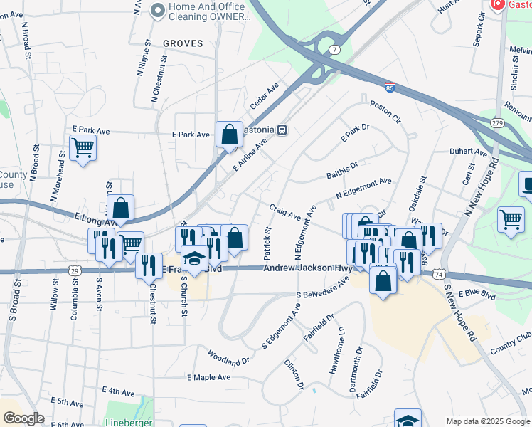 map of restaurants, bars, coffee shops, grocery stores, and more near 119 Patrick Street in Gastonia