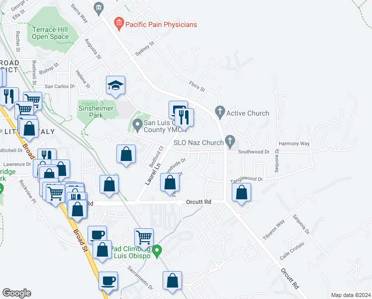map of restaurants, bars, coffee shops, grocery stores, and more near 1404 Woodside Drive in San Luis Obispo