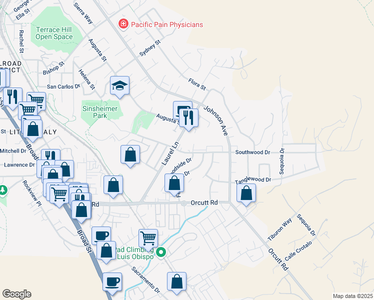 map of restaurants, bars, coffee shops, grocery stores, and more near 1404 Woodside Drive in San Luis Obispo