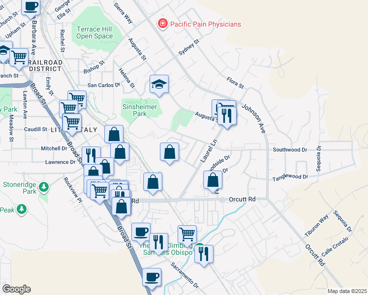 map of restaurants, bars, coffee shops, grocery stores, and more near 1033 Southwood Drive in San Luis Obispo