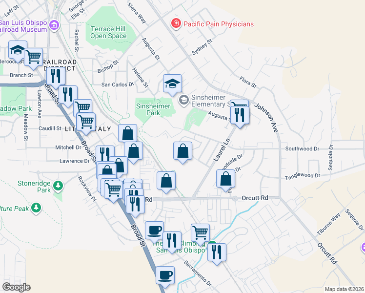 map of restaurants, bars, coffee shops, grocery stores, and more near 1027 Southwood Drive in San Luis Obispo