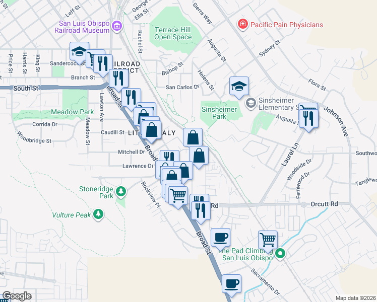 map of restaurants, bars, coffee shops, grocery stores, and more near 921 Lawrence Drive in San Luis Obispo