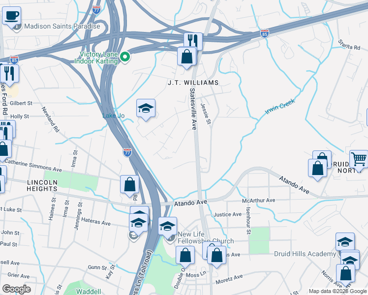 map of restaurants, bars, coffee shops, grocery stores, and more near 3405 Statesville Avenue in Charlotte