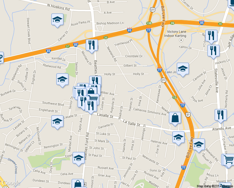 map of restaurants, bars, coffee shops, grocery stores, and more near 2228 Augusta Street in Charlotte