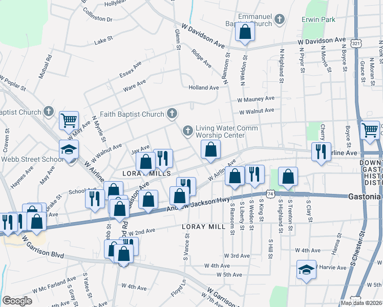 map of restaurants, bars, coffee shops, grocery stores, and more near 305 North Firestone Street in Gastonia