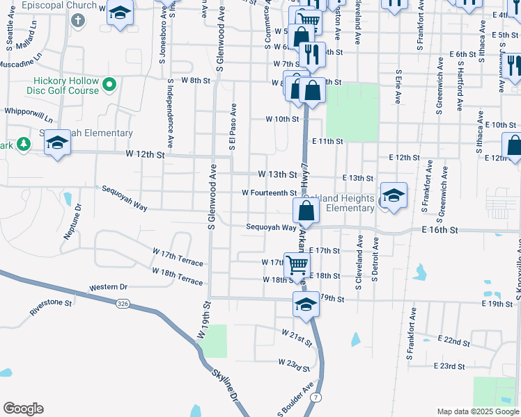 map of restaurants, bars, coffee shops, grocery stores, and more near 1409 South Commerce Avenue in Russellville