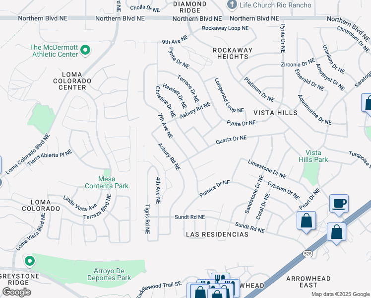 map of restaurants, bars, coffee shops, grocery stores, and more near 408 7th Avenue Northeast in Rio Rancho