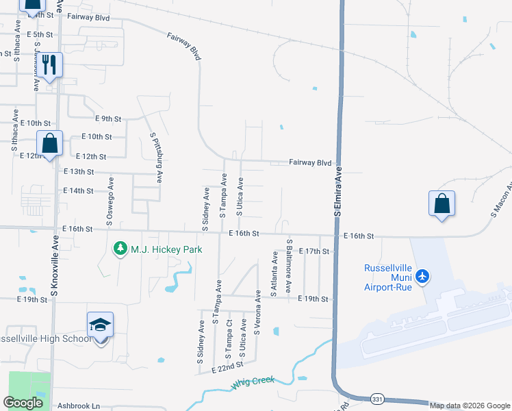 map of restaurants, bars, coffee shops, grocery stores, and more near 2110 East 14th Street in Russellville