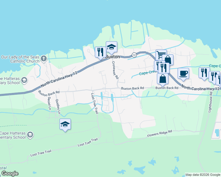 map of restaurants, bars, coffee shops, grocery stores, and more near Buxton Back Rd in Dare