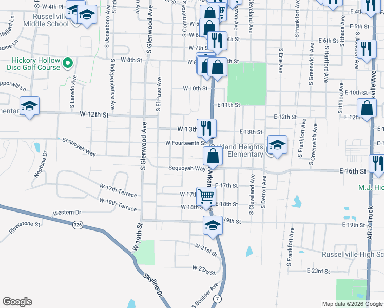 map of restaurants, bars, coffee shops, grocery stores, and more near 1409 South Commerce Avenue in Russellville