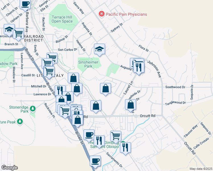 map of restaurants, bars, coffee shops, grocery stores, and more near 1033 Southwood Drive in San Luis Obispo