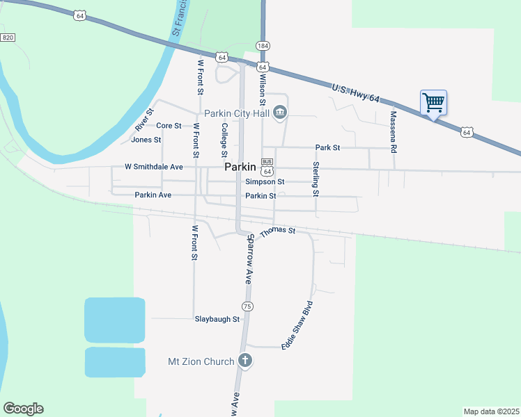 map of restaurants, bars, coffee shops, grocery stores, and more near Melton Drive in Parkin