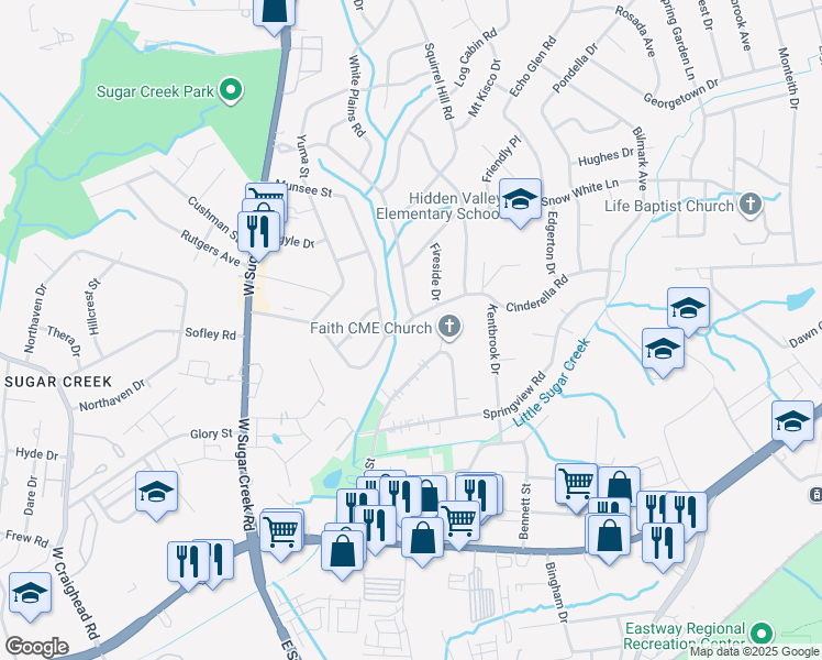 map of restaurants, bars, coffee shops, grocery stores, and more near 4724 Cinderella Road in Charlotte