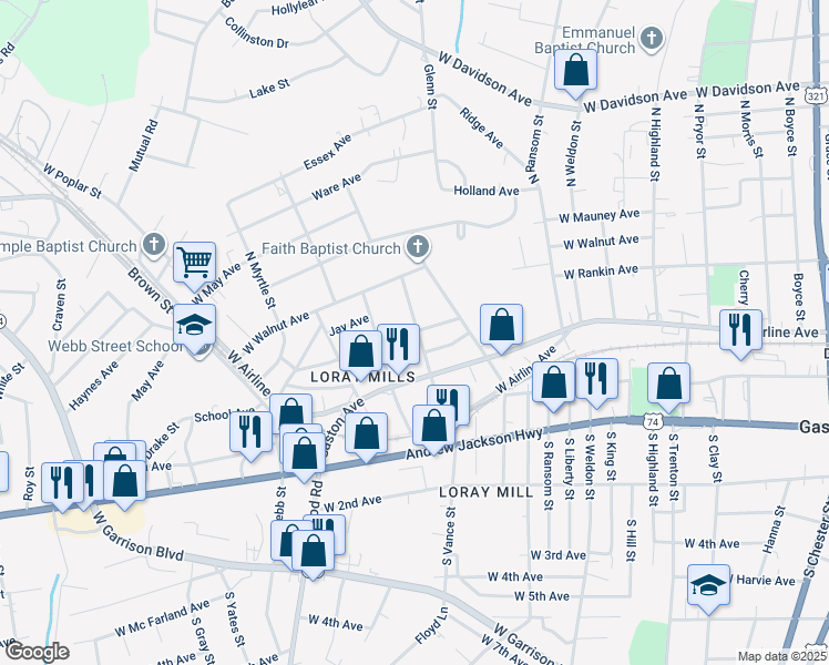 map of restaurants, bars, coffee shops, grocery stores, and more near 325 North Vance Street in Gastonia