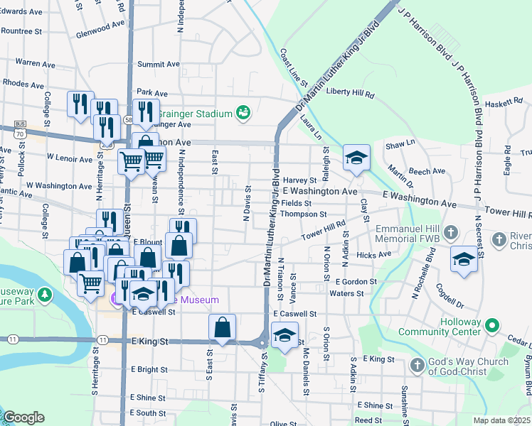 map of restaurants, bars, coffee shops, grocery stores, and more near 516 Thompson Street in Kinston