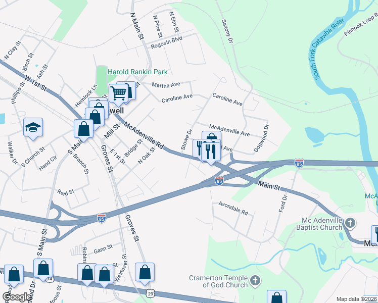 map of restaurants, bars, coffee shops, grocery stores, and more near 607 McAdenville Road in Lowell