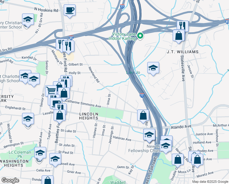 map of restaurants, bars, coffee shops, grocery stores, and more near 1914 Newland Road in Charlotte