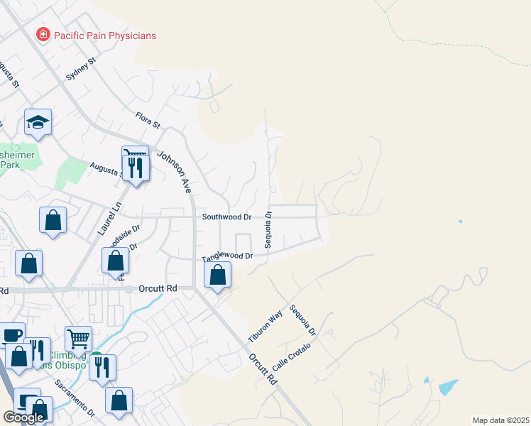 map of restaurants, bars, coffee shops, grocery stores, and more near 3391 Sequoia Drive in San Luis Obispo