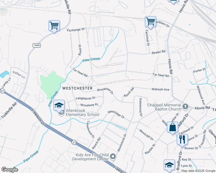 map of restaurants, bars, coffee shops, grocery stores, and more near 4664 Brooktree Drive in Charlotte