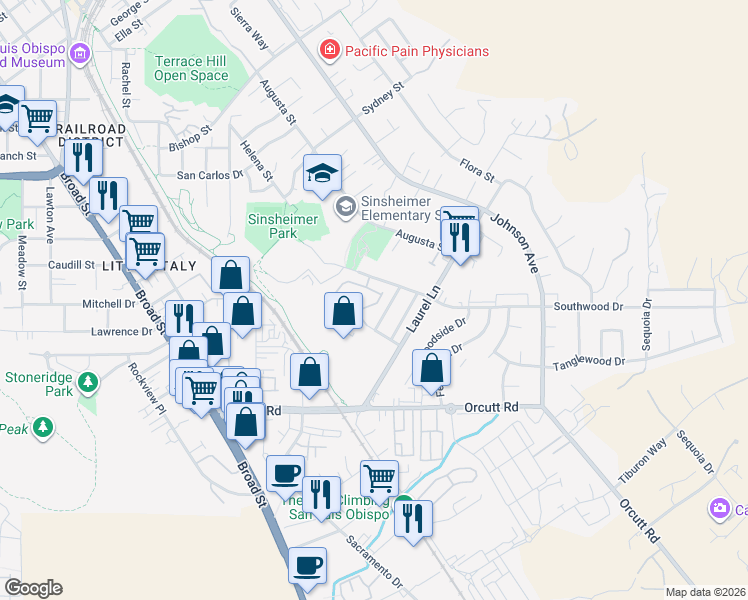 map of restaurants, bars, coffee shops, grocery stores, and more near in San Luis Obispo
