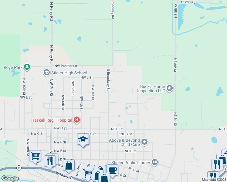 map of restaurants, bars, coffee shops, grocery stores, and more near 1198-1254 North Broadway Street in Stigler