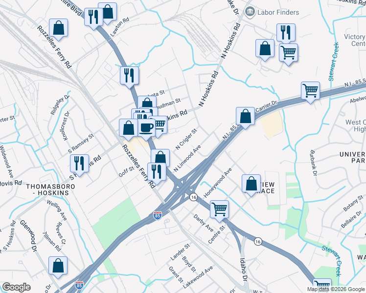 map of restaurants, bars, coffee shops, grocery stores, and more near 312 North Crigler Street in Charlotte