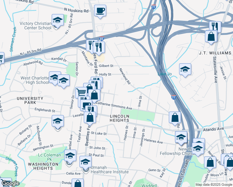 map of restaurants, bars, coffee shops, grocery stores, and more near 2300 Augusta Street in Charlotte