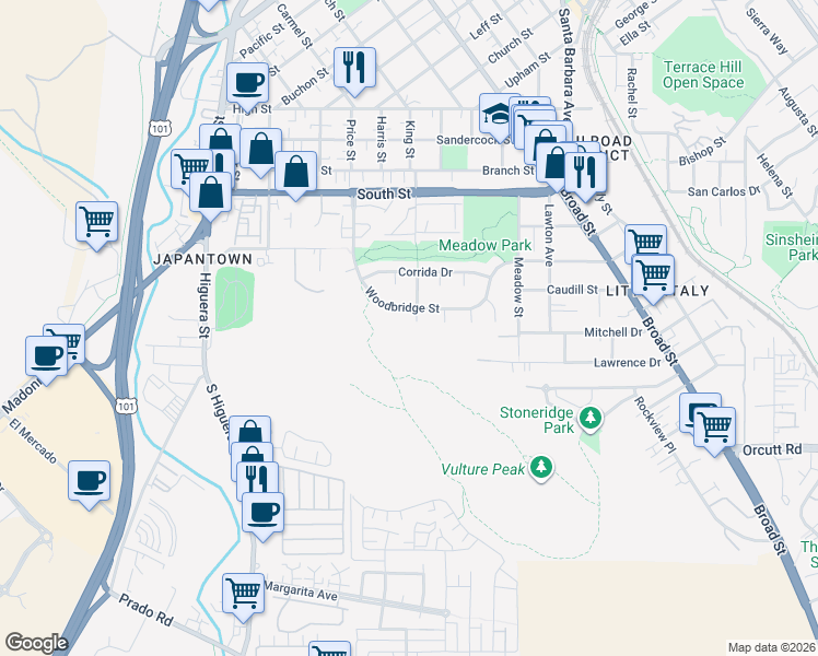 map of restaurants, bars, coffee shops, grocery stores, and more near 2435 Sendero Court in San Luis Obispo