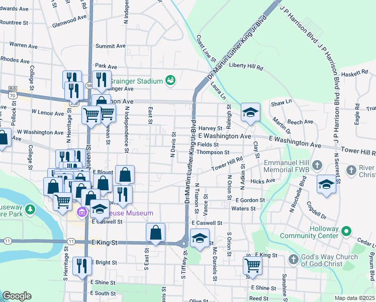 map of restaurants, bars, coffee shops, grocery stores, and more near 516 Thompson Street in Kinston