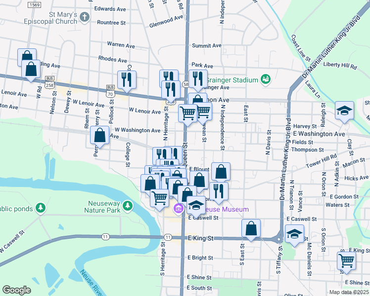map of restaurants, bars, coffee shops, grocery stores, and more near 503 North Queen Street in Kinston
