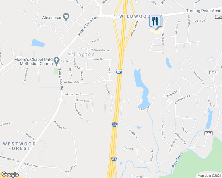 map of restaurants, bars, coffee shops, grocery stores, and more near 2133 Wildlife Road in Charlotte