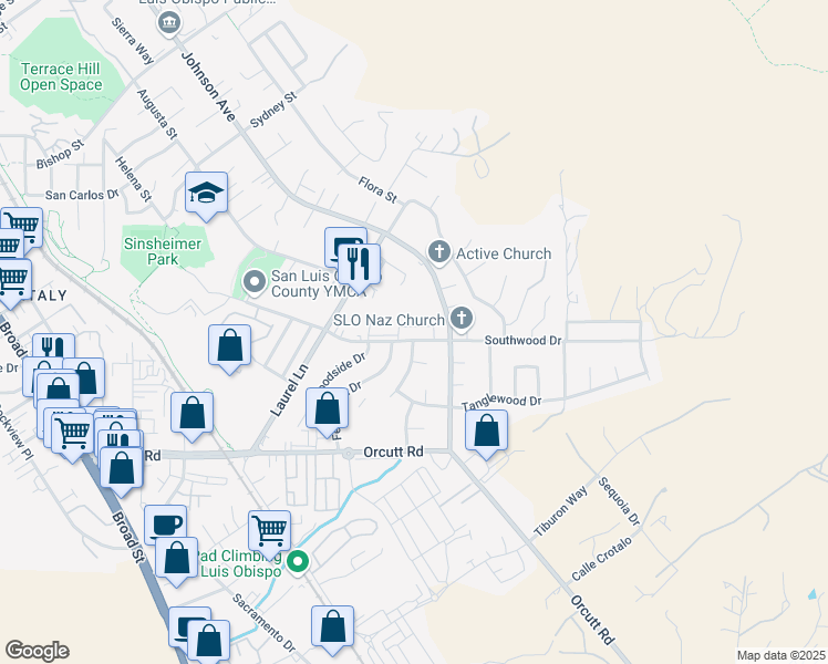 map of restaurants, bars, coffee shops, grocery stores, and more near 1378 Southwood Drive in San Luis Obispo