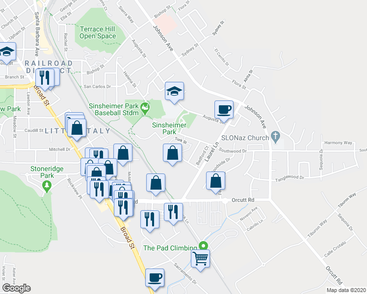 map of restaurants, bars, coffee shops, grocery stores, and more near 1033 Southwood Drive in San Luis Obispo