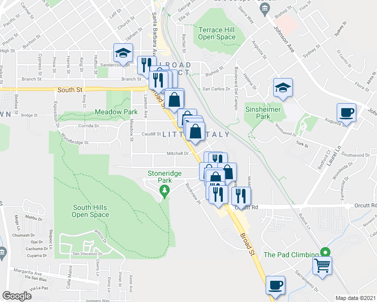 map of restaurants, bars, coffee shops, grocery stores, and more near 643 Mitchell Drive in San Luis Obispo