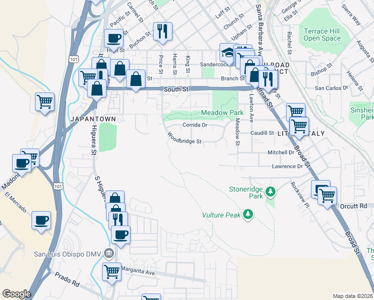 map of restaurants, bars, coffee shops, grocery stores, and more near 2435 Sendero Court in San Luis Obispo