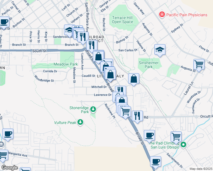 map of restaurants, bars, coffee shops, grocery stores, and more near 2641 Broad Street in San Luis Obispo