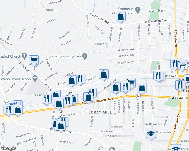 map of restaurants, bars, coffee shops, grocery stores, and more near 1100 Little Avenue in Gastonia