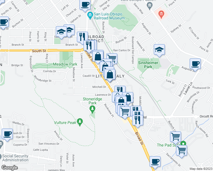 map of restaurants, bars, coffee shops, grocery stores, and more near 2643 Broad Street in San Luis Obispo