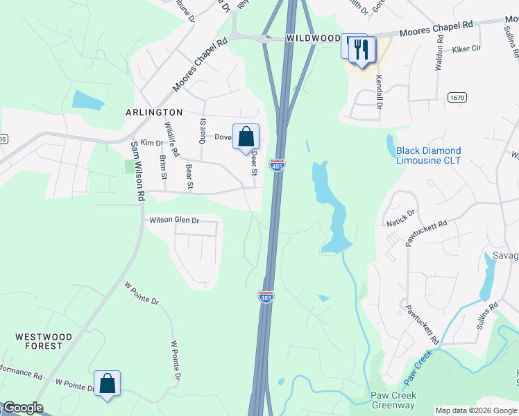 map of restaurants, bars, coffee shops, grocery stores, and more near 2133 Wildlife Road in Charlotte