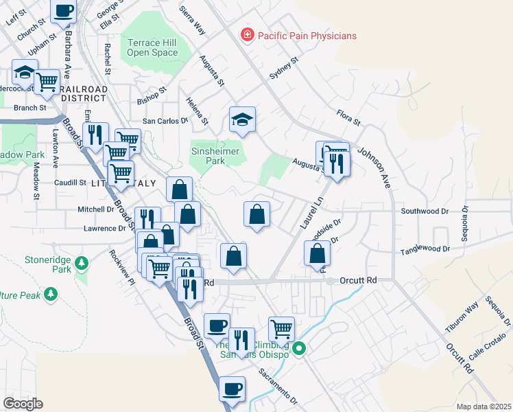 map of restaurants, bars, coffee shops, grocery stores, and more near 1027 Southwood Drive in San Luis Obispo