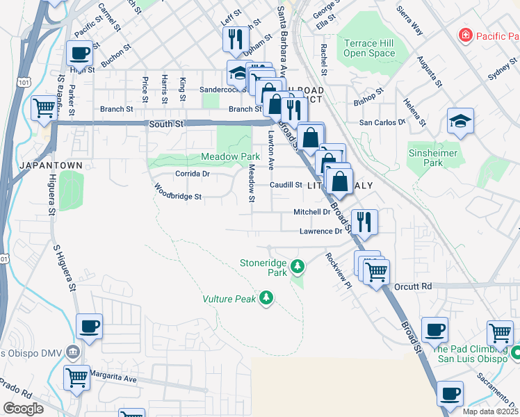 map of restaurants, bars, coffee shops, grocery stores, and more near 418 Mitchell Drive in San Luis Obispo