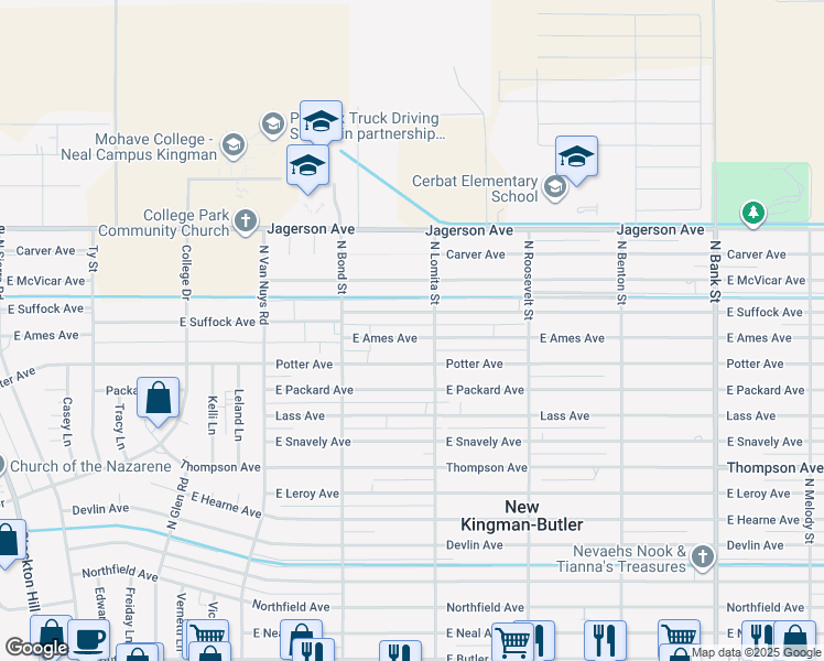map of restaurants, bars, coffee shops, grocery stores, and more near 2351 East Ames Avenue in Kingman