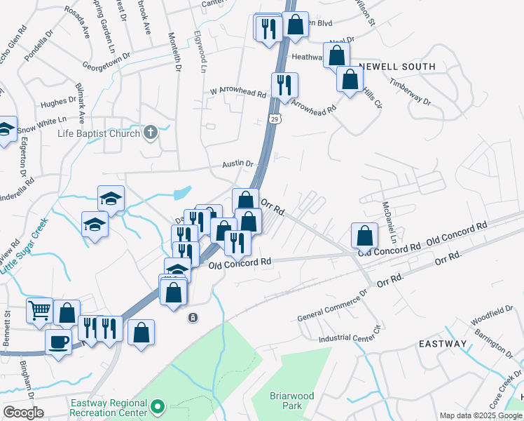 map of restaurants, bars, coffee shops, grocery stores, and more near 5800 North Tryon Street in Charlotte