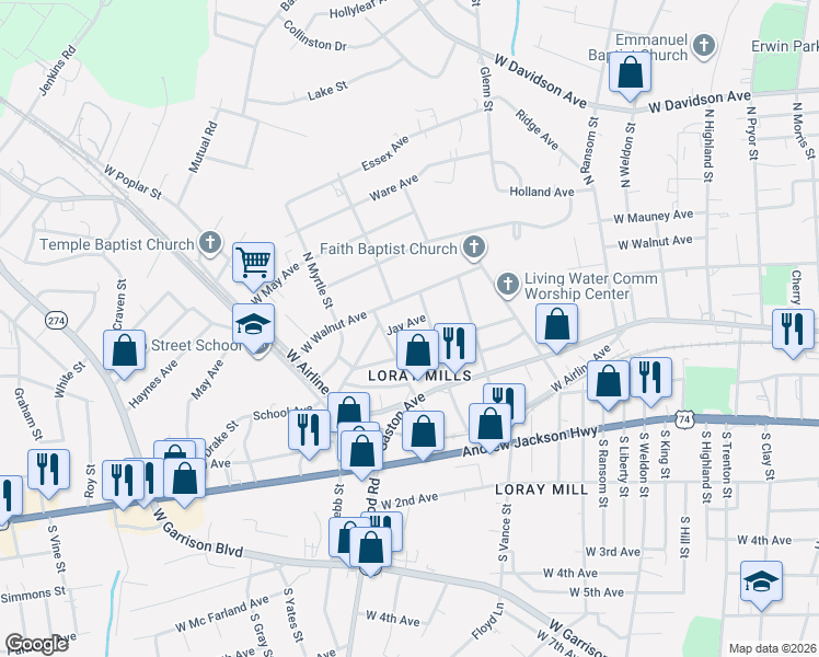 map of restaurants, bars, coffee shops, grocery stores, and more near 1308 West Rankin Avenue in Gastonia
