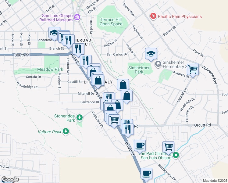 map of restaurants, bars, coffee shops, grocery stores, and more near 864 Lawrence Drive in San Luis Obispo