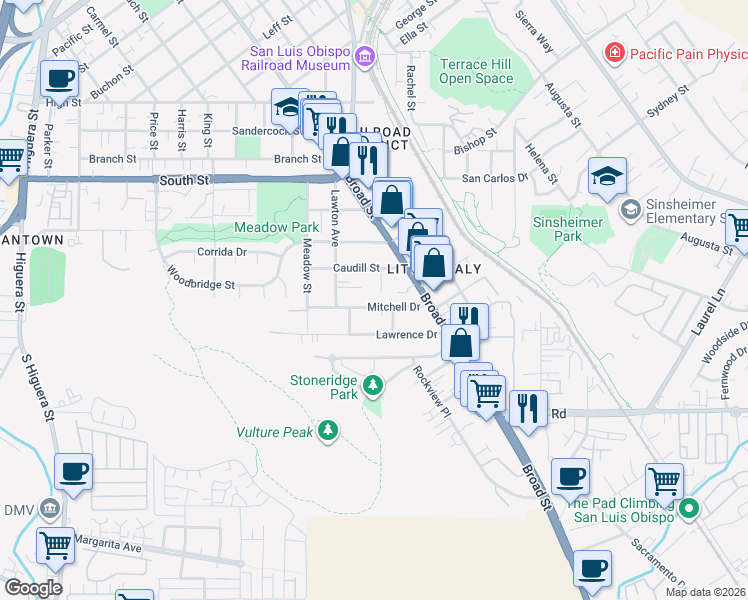 map of restaurants, bars, coffee shops, grocery stores, and more near 546 Mitchell Drive in San Luis Obispo